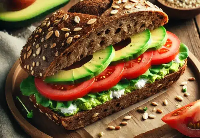 gefuellten Vollkornbroetchens mit Avocado und Tomate